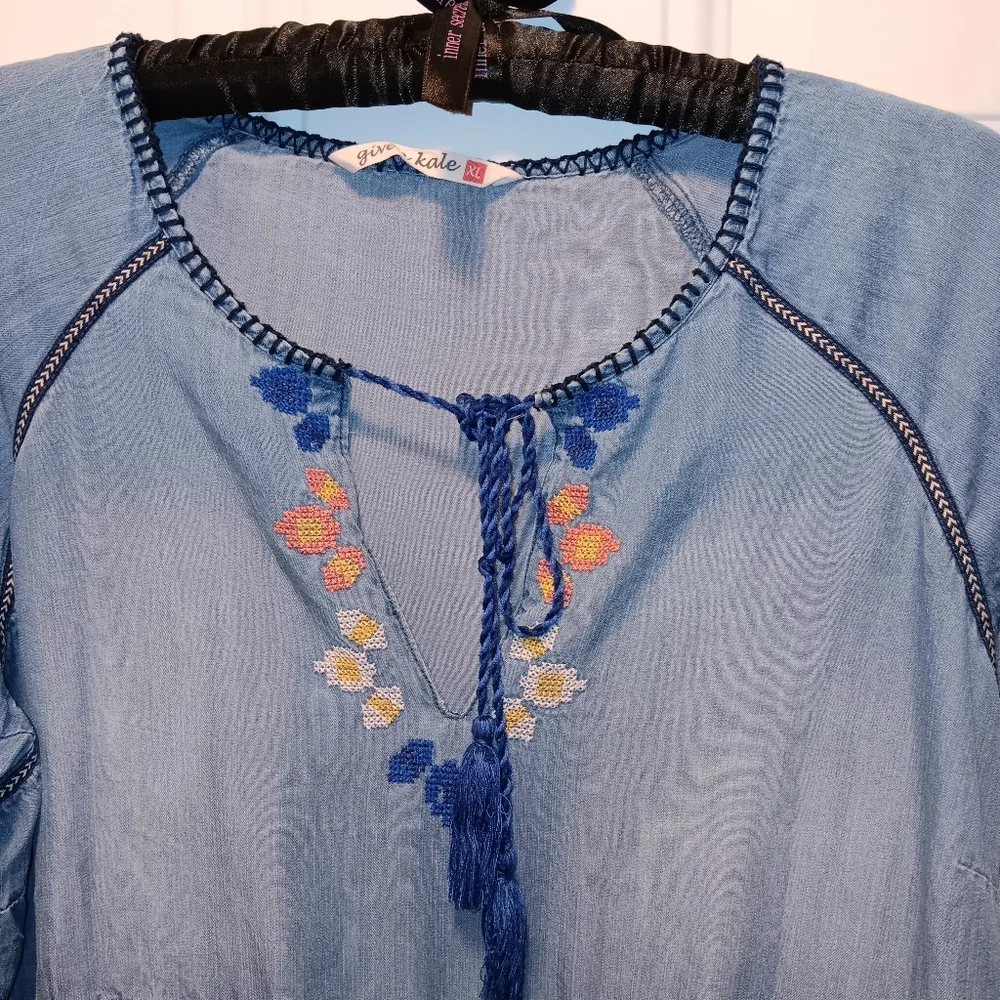 Given Kale Women's Dress XL Balloon Sleeves Embroidered Boho Tassel Flirty - Picture 2 of 8